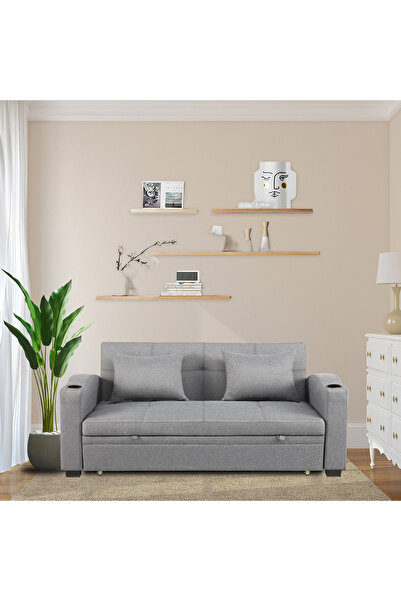 Home Box أريكة سرير مورغان قابلة للسحب بثلاثة مقاعد ووسادتين مع حاملين للأكوا...