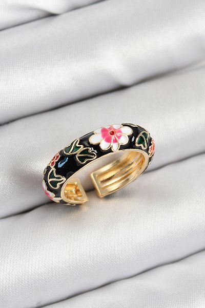 BESKAR Brass Black Enamel Flower Motif Gold Color Adjustable Women's Ring