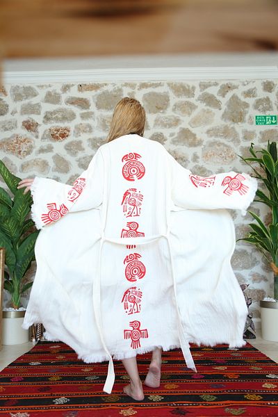 Befera Design Muslin Kimono 100% Cotton Bohemian Symbol Printed Patterned Bathrobe Kaftan Dressing Gown