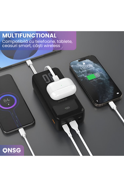 DUDAO Power Bank 30000mAh 22.5W Fast Charging, Built-in USB-C Lightning Cables, 5 Outputs, Black