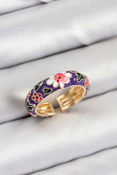 BESKAR Brass Purple Enamel Flower Motif Gold Color Adjustable Women's Ring
