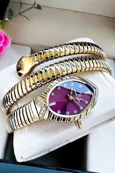 Daniel Klein Snake Watch Model - Women's Wrist Watch, Waterproof Gold Burgundy Steel Band - Bracelet Gift Gdkb2011C2