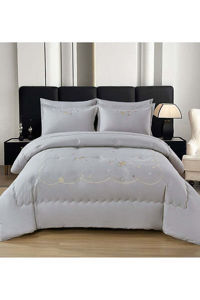 Comfy King Size Royalty Collection Floral Embroidered Grey Cotton 6Pc Comforter Set