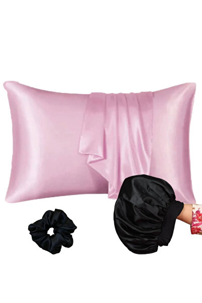 MODA Black and Powder Pink Satin Bonnet Satin Pillowcase and Scrunchie Set fo...
