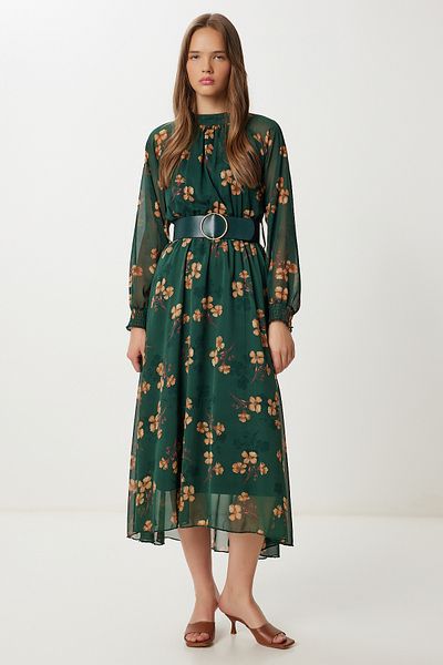 Lovelyİstanbul Rochie din șifon cu volan cu model de centură LFG0050 VERDE SMARALD