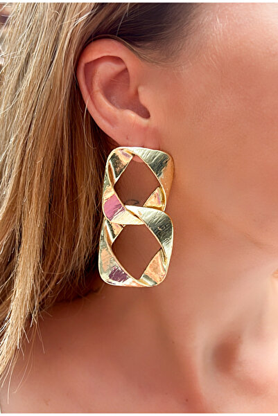 Kutcha Accessories Altın Kaplama Büyük Dikdörtgen Halka Küpe – Çift Kıvrımlı Modern Tasarım