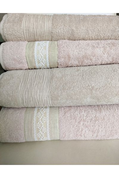 Nurpak Tuana Linen Guipure 4 Piece Boxed Bathroom Set 2 Pieces 90X150 cm 2 Pieces 50X90 cm
