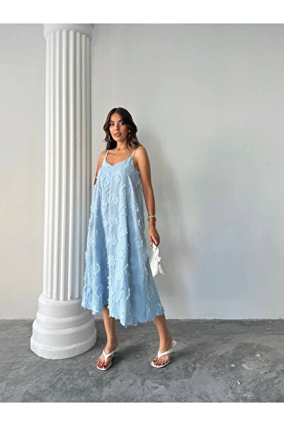 Swass Püskül Detaylı Midi Elbise Mavi