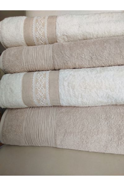 Nurpak Tuana Linen Guipure 4 Piece Boxed Bathroom Set 2 Pieces 90X150 cm 2 Pieces 50X90 cm