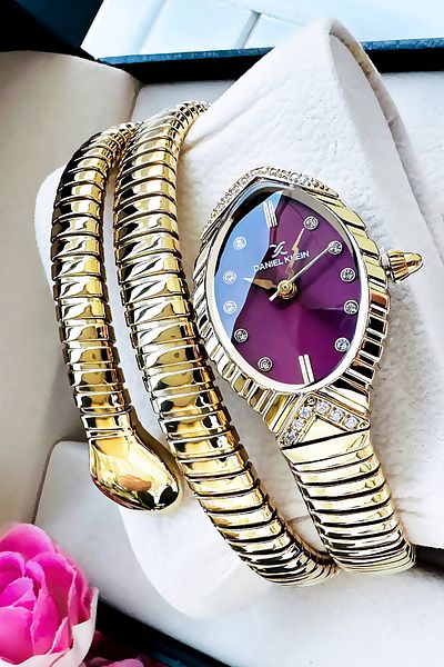 Daniel Klein Snake Watch Model - Women's Wrist Watch, Waterproof Gold Burgundy Steel Band - Bracelet Gift Gdkb2011C2