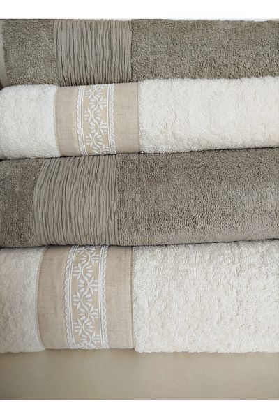 Nurpak Tuana Linen Guipure 4 Piece Boxed Bathroom Set 2 Pieces 90X150 cm 2 Pieces 50X90 cm