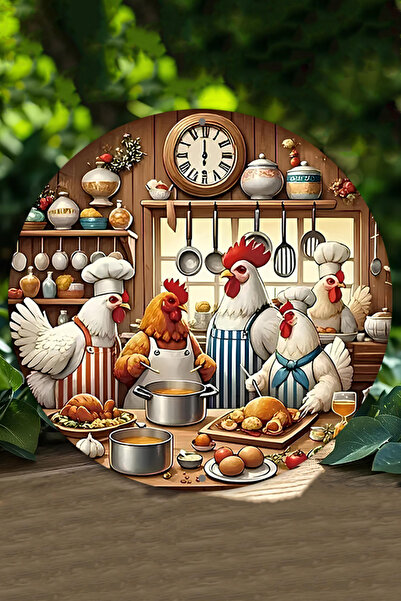 kutuTR Komik Tavuklar Mutfakta - UV Baskılı 3D GÜRÜNÜMLÜ MDF Yuvarlak Duvar S...