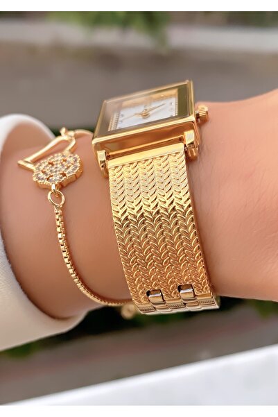 Fiesta Women's Square Dial Bracelet Watch and Heart Stone Bracelet Set - Gold Color Luxury Combination