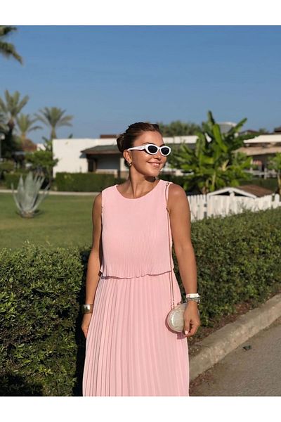 Afiş Butik Pink Crew Neck Pleated Lined Chiffon Dress