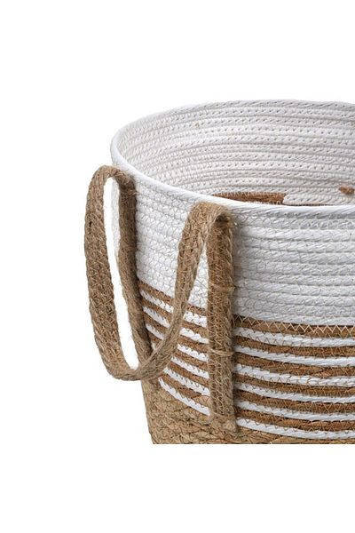 TOPI TOY Accesoriu decorativ impletit din paie ecru‑bej, cu dungi si manere, diametru 28 cm × inaltime 28 cm