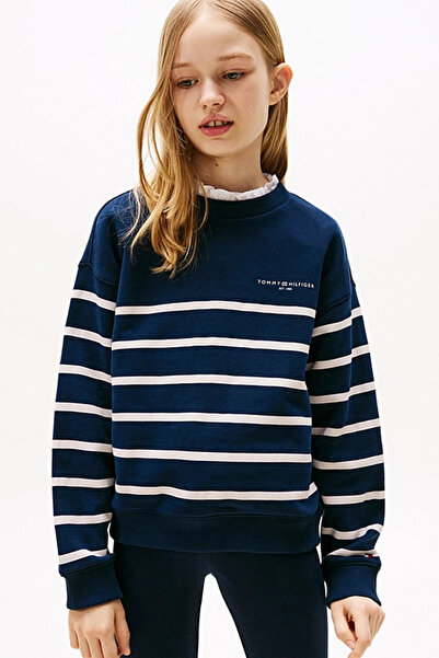 Tommy Hilfiger Unisex Çocuk Çizgili ve Logo Nakışlı Sweatshirt - Lacivert/Beyaz