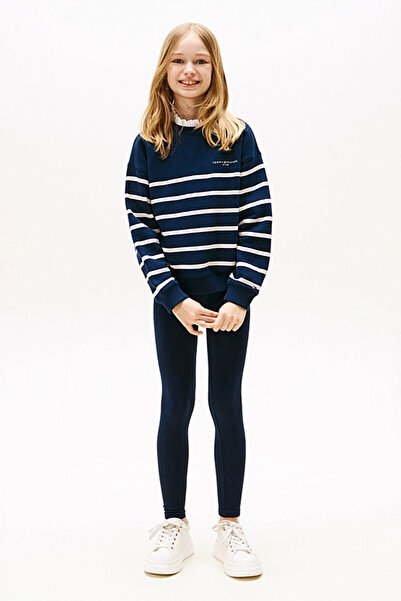 Tommy Hilfiger Unisex Çocuk Çizgili ve Logo Nakışlı Sweatshirt - Lacivert/Beyaz