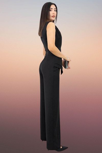 ZISHAN Stylish Black V-Neck Brooch Detail Evening Dress Jumpsuit - Special Occasion Jumpsuit 425
