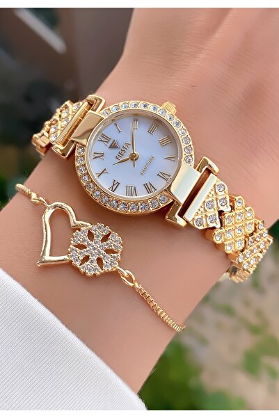 Fiesta Gold Color Small Case White Dial Women's Wrist Watch and Stone Heart Bracelet Gift