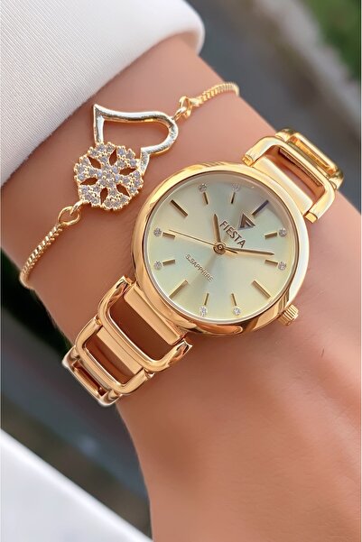 Fiesta Women's Wristwatch and Heart Stone Detailed Bracelet Set - Golden Yellow Stylish Combination