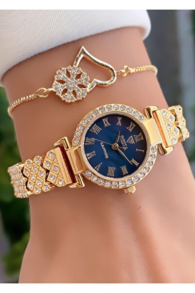 Fiesta Women's Black Dial Wrist Watch with Rhinestones and Heart Bracelet Set - Gold Yellow Elegance