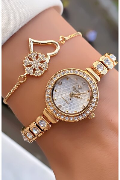 Fiesta Gold Color Stone Detailed Small Case Women's Wristwatch and Heart Bracelet Stylish Set with Gift