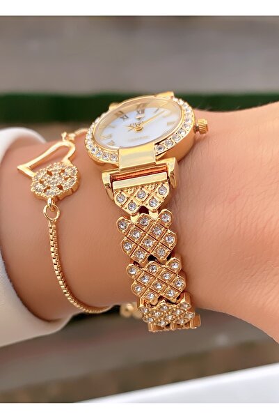 Fiesta Gold Color Small Case White Dial Women's Wrist Watch and Stone Heart Bracelet Gift