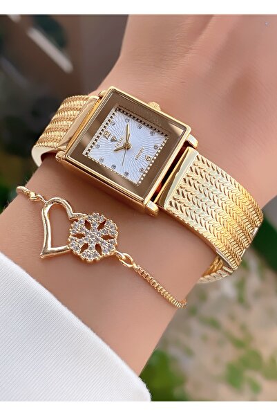 Fiesta Women's Square Dial Bracelet Watch and Heart Stone Bracelet Set - Gold Color Luxury Combination