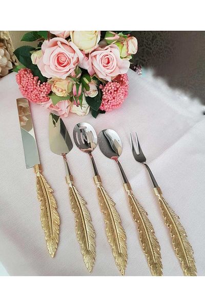 MaviDamla 5 Piece Serving Set with Feather Pattern Gold Handle