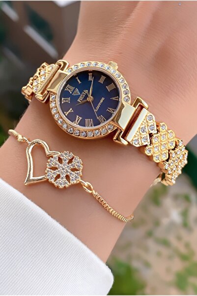 Fiesta Women's Black Dial Wrist Watch with Rhinestones and Heart Bracelet Set - Gold Yellow Elegance