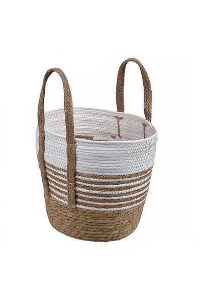 TOPI TOY Accesoriu decorativ impletit din paie ecru‑bej, cu dungi si manere, diametru 28 cm × inaltime 28 cm