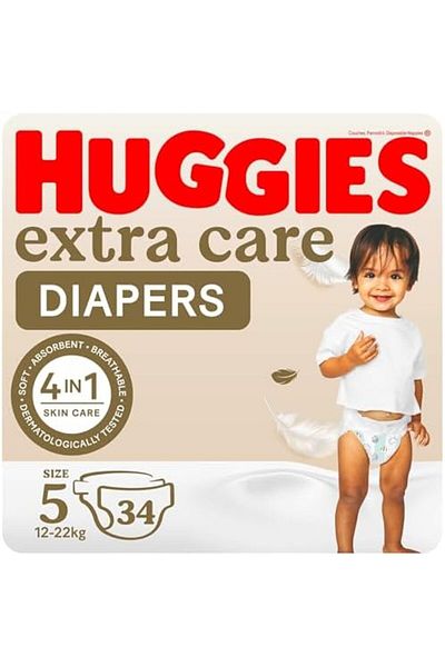 Huggies Extra Care, Size 5, 12 - 22 kg, Value Pack, 34 Diapers