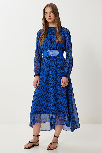 Lovelyİstanbul Rochie din șifon cu volan cu model cu centură LFG0085 ALBASTRU ÎNCHIS