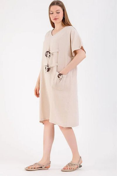 Hazinedan Women's Beige Casual 100% Cotton Short Sleeve Midi Linen Dress with Two Front Pockets