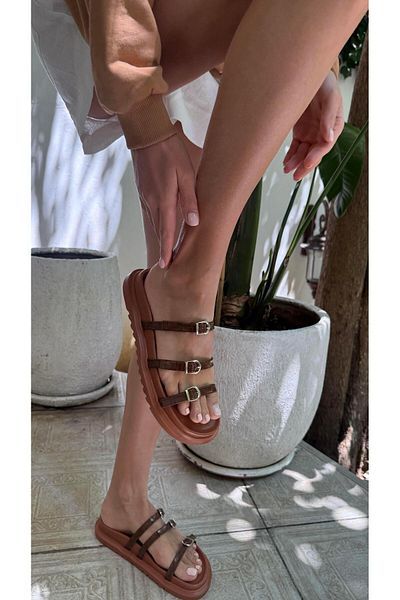 Eataly Shoes Чехли с 3 ленти и мемори подметка, кафяви