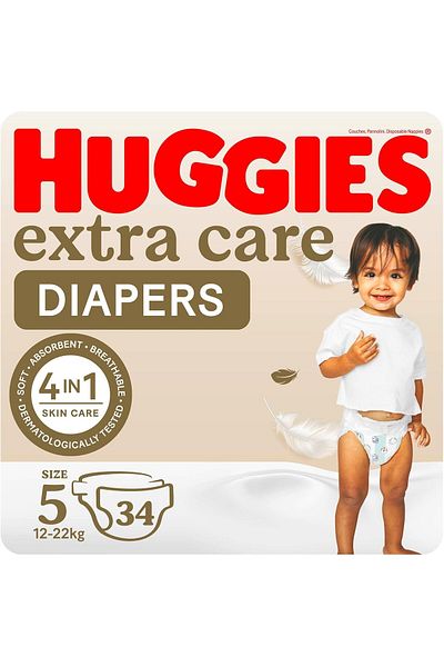 Huggies Extra Care, Size 5, 12 - 22 kg, Value Pack, 34 Diapers