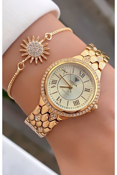 Fiesta Women's Wrist Watch and Heart Bracelet Set with Stones – Golden Yellow Luxury Chic