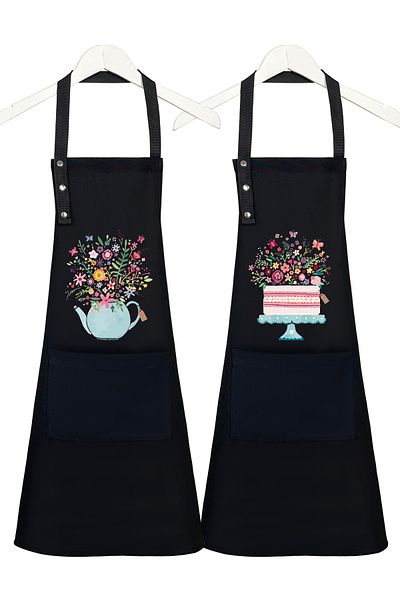 Hulganz Kitchen Apron Set of 2 Stain-Proof Water-Repellent Fabric Fade-Free Print Floral Cake and Teapot Patterned