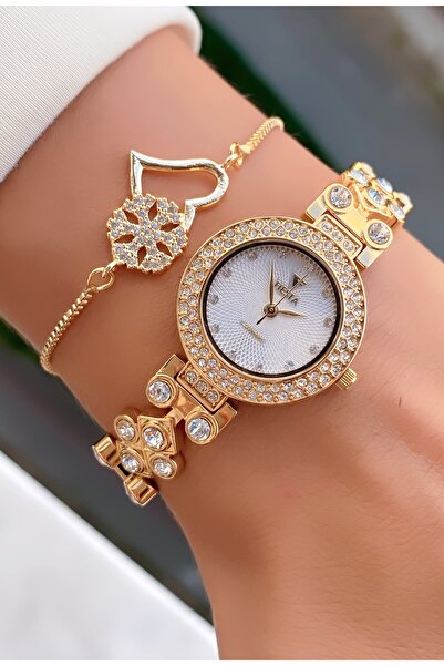 Fiesta Women's Stone Round Case Wristwatch and Heart Bracelet Set - Golden Yellow Luxury Model