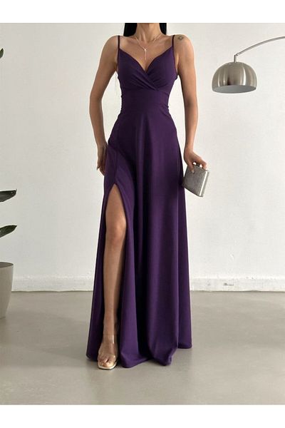 Viyamo Women's Rope Strap Double Breasted Collar Maxi Length Evening Dress