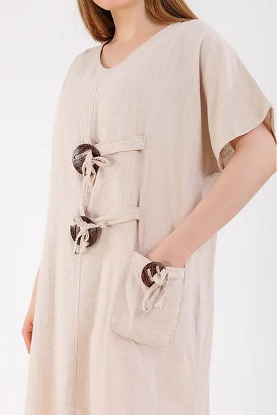 Hazinedan Women's Beige Casual 100% Cotton Short Sleeve Midi Linen Dress with Two Front Pockets