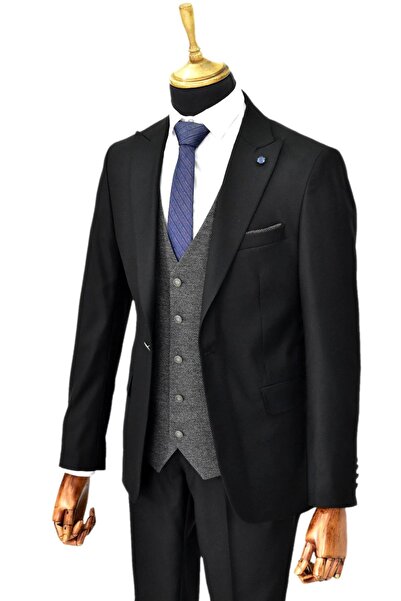 Suitmen Men's Black Double Slit Dobby Vest Combination 6 Drop Bgl-St04478