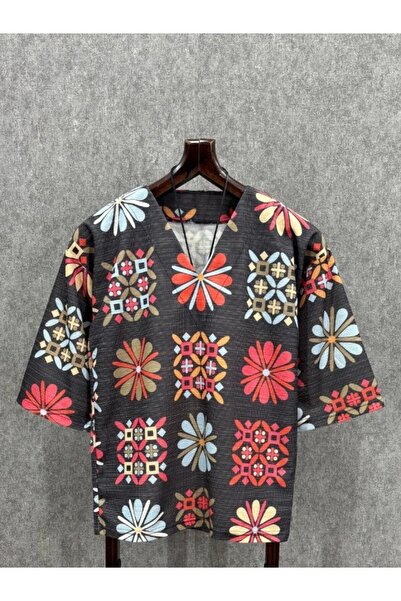 FıttingRoom Oversize V Neck Poor Sleeve Patterned Tshirt