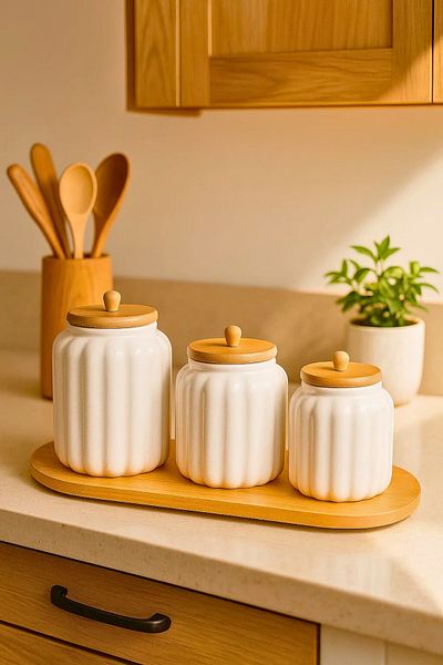 Woodcept Set of 3 Porcelain Star Model Wooden Vacuum Lid Tea, Sugar, Salt, Coffee Storage Jars with Stand