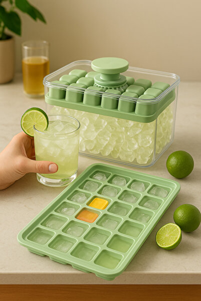 ZUZUHOME Yeşil Kapaklı Silikon Buz Kalıbı Seti - Saklama Kutulu, 24'lü Pratik...