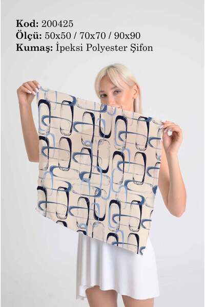 DESENİX وشاح منقوش بطبعة فرشاة زرقاء |   خلفية بيج ثلجي |   50x50 - 70x70 - 9...