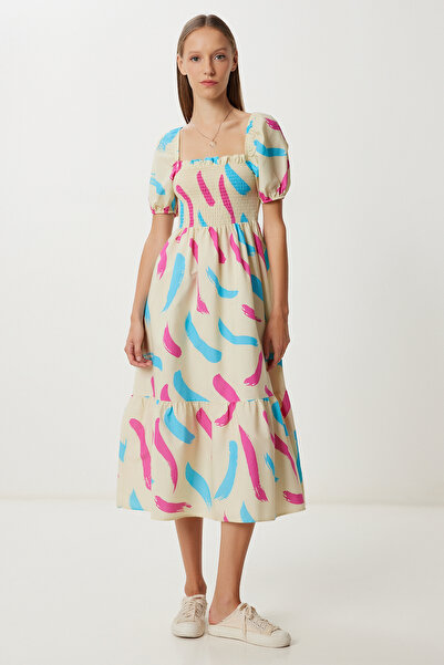 Lovelyİstanbul فستان منسوج منقوش بأكمام بالون LFG0088 أصفر وردي