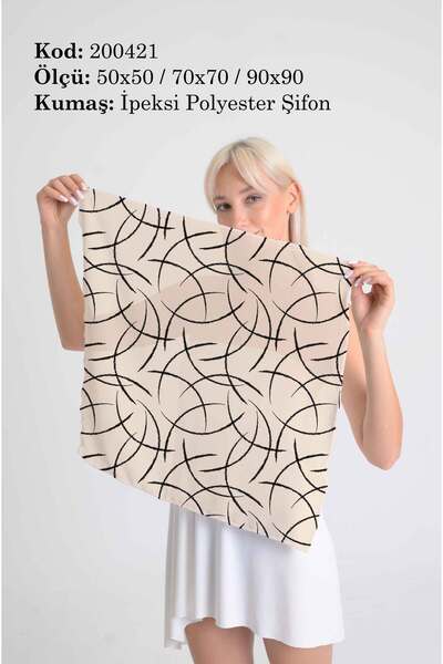 DESENİX وشاح منقوش منحني بحد أدنى |   خطوط سوداء على البيج |   50x50-70x70-90...