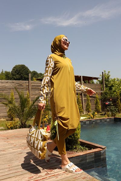 ButikKardelen Costum de baie Camelya Hijab 5 piese cu geantă cu model 10369