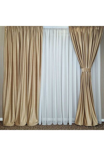 Mastel Set of 2 luxury velvet curtains Cappuccino with white veil curtain